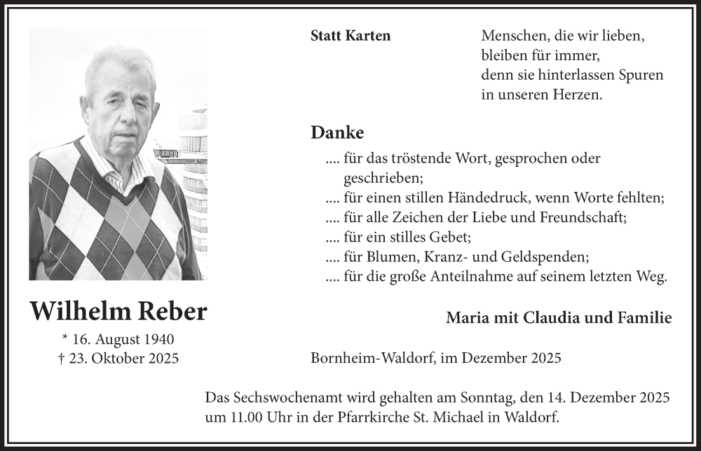  Traueranzeige für Wilhelm Reber vom 05.12.2025 aus  Schaufenster/Blickpunkt 