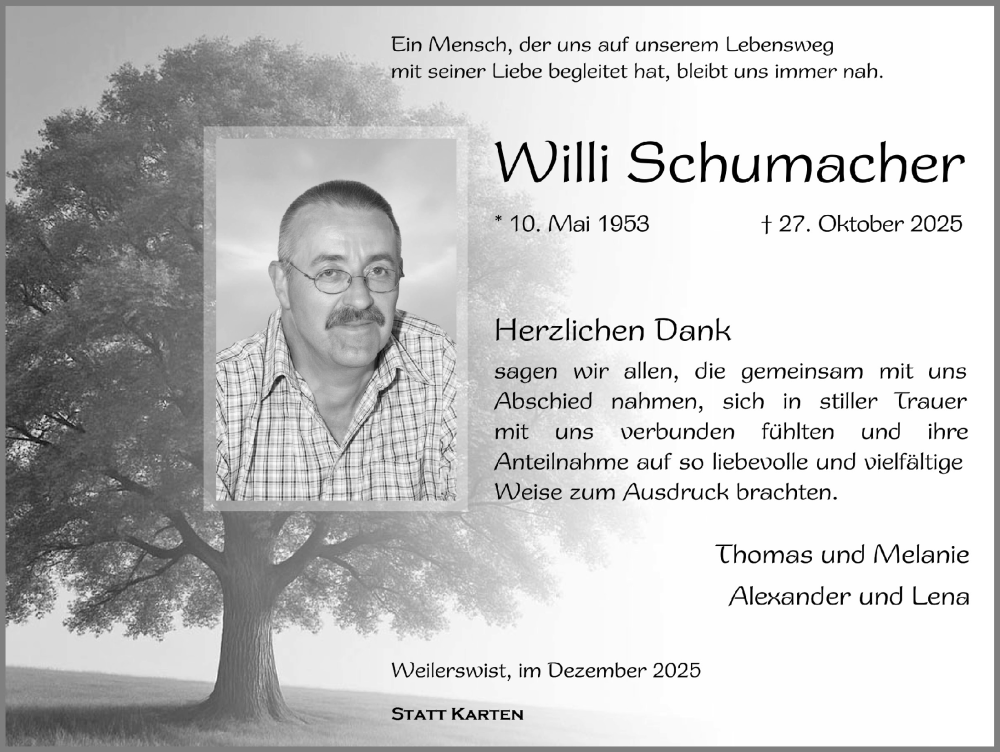 Traueranzeige für Willi Schumacher vom 06.12.2025 aus  Blickpunkt Euskirchen 