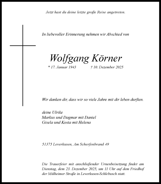 Anzeige von Wolfgang Körner von Kölner Stadt-Anzeiger / Kölnische Rundschau / Express