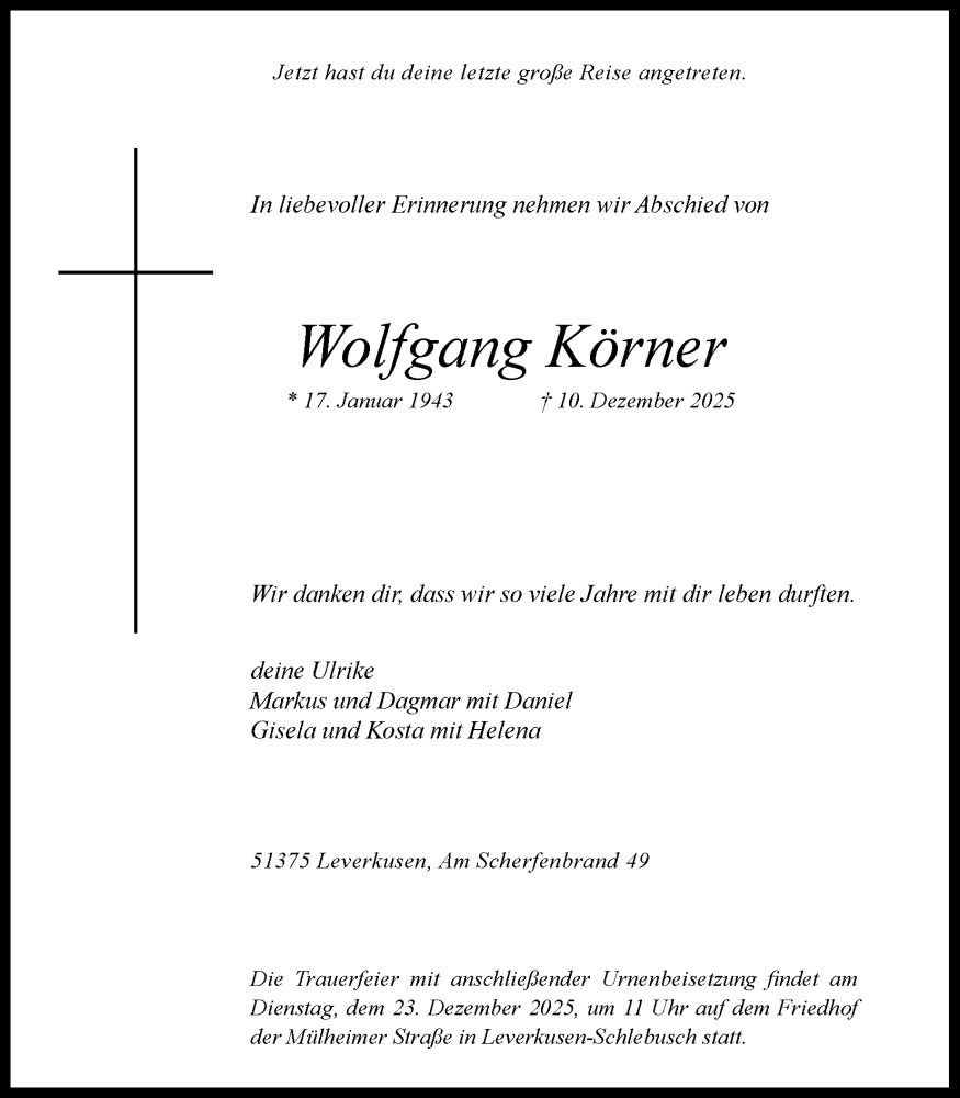 Traueranzeige für Wolfgang Körner vom 20.12.2025 aus Kölner Stadt-Anzeiger / Kölnische Rundschau / Express