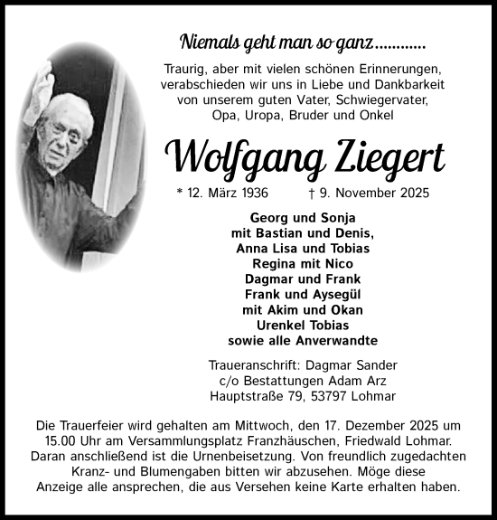 Anzeige von Wolfgang Ziegert von Kölner Stadt-Anzeiger / Kölnische Rundschau / Express
