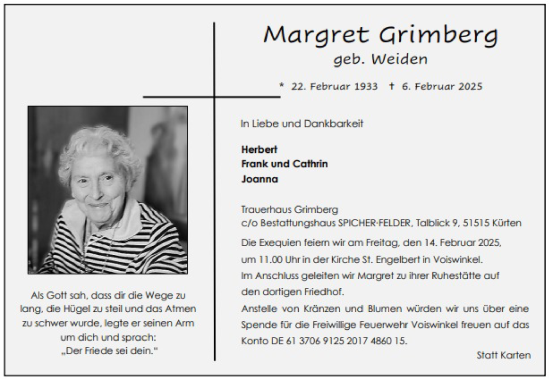 Anzeige von Margret Grimberg von Kölner Stadt-Anzeiger / Kölnische Rundschau / Express