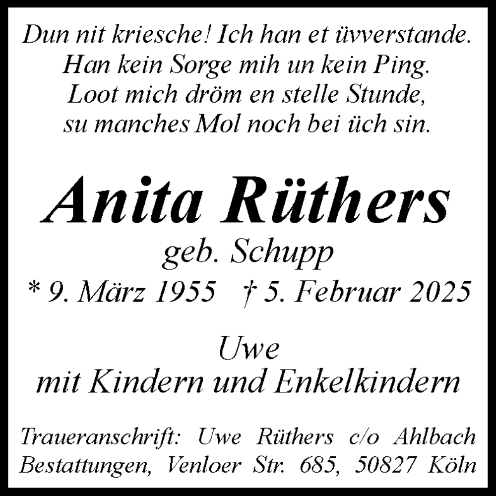  Traueranzeige für Anita Rüthers vom 08.02.2025 aus Kölner Stadt-Anzeiger / Kölnische Rundschau / Express