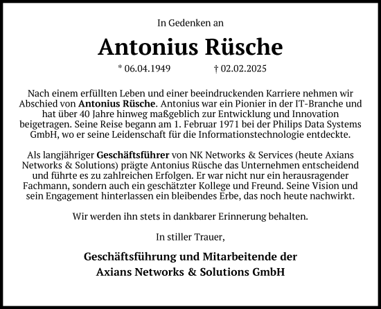 Anzeige von Antonius Rüsche von Kölner Stadt-Anzeiger / Kölnische Rundschau / Express