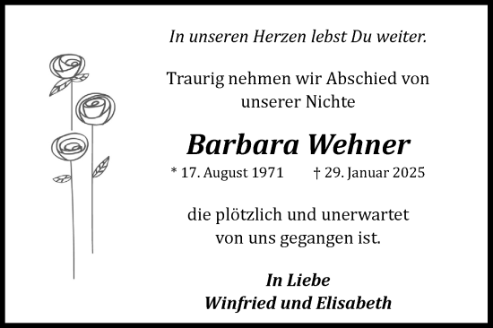 Anzeige von Barbara Wehner von Kölner Stadt-Anzeiger / Kölnische Rundschau / Express