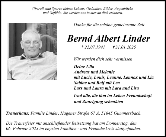 Anzeige von Bernd Albert Linder von  Anzeigen Echo 
