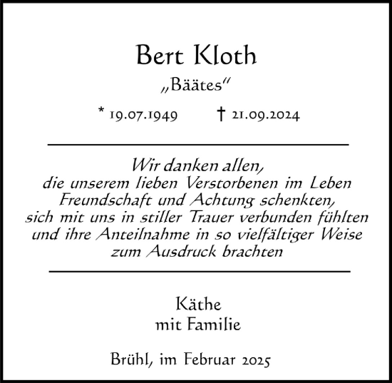 Anzeige von Bert Kloth von  Schlossbote/Werbekurier 