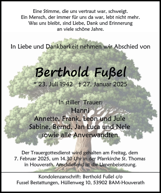 Anzeige von Berthold Fußel von  Blickpunkt Euskirchen 