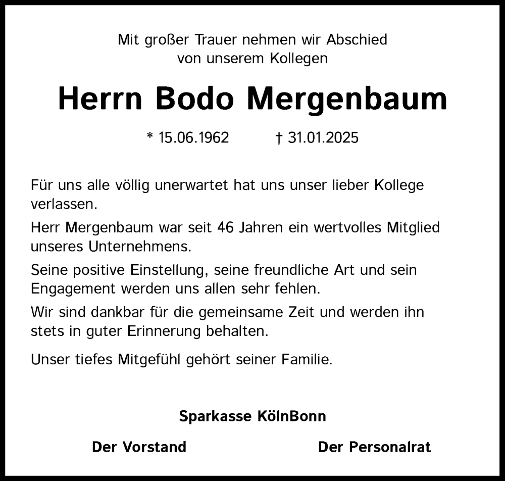  Traueranzeige für Bodo Mergenbaum vom 19.02.2025 aus Kölner Stadt-Anzeiger / Kölnische Rundschau / Express