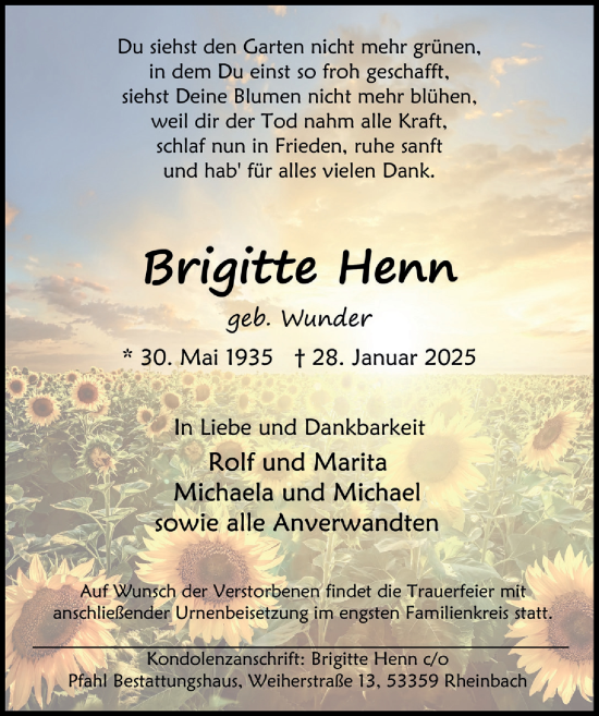 Anzeige von Brigitte Henn von  Schaufenster/Blickpunkt 