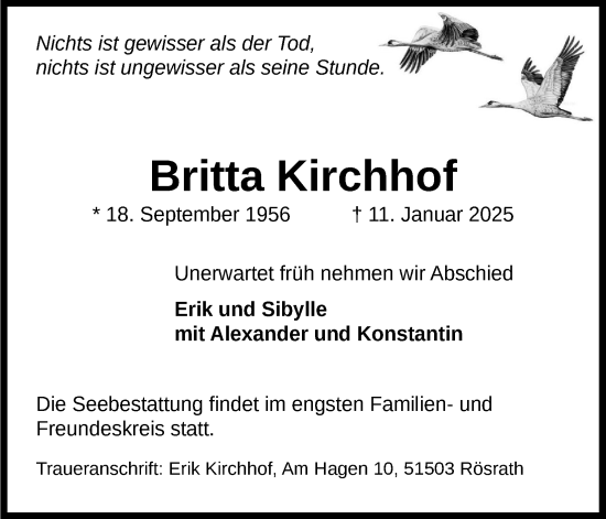 Anzeige von Britta Kirchhof von Kölner Stadt-Anzeiger / Kölnische Rundschau / Express