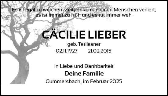 Anzeige von Cäcilie Lieber von Kölner Stadt-Anzeiger / Kölnische Rundschau / Express