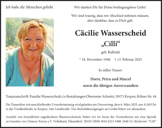 Anzeige von Cäcilie Wasserscheid von  Werbepost 
