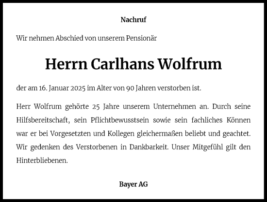 Anzeige von Carlhans Wolfrum von Kölner Stadt-Anzeiger / Kölnische Rundschau / Express