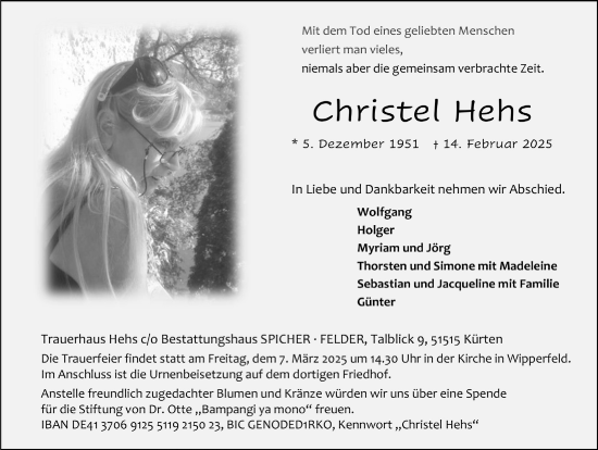 Anzeige von Christel Hehs von  Anzeigen Echo 