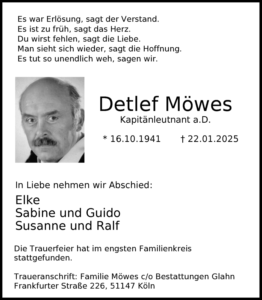  Traueranzeige für Detlef Möwes vom 08.02.2025 aus Kölner Stadt-Anzeiger / Kölnische Rundschau / Express