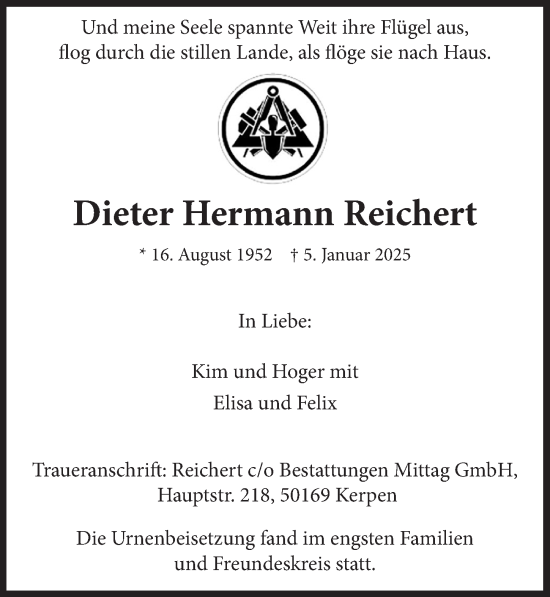 Anzeige von Dieter Hermann Reichert von  Wochenende 