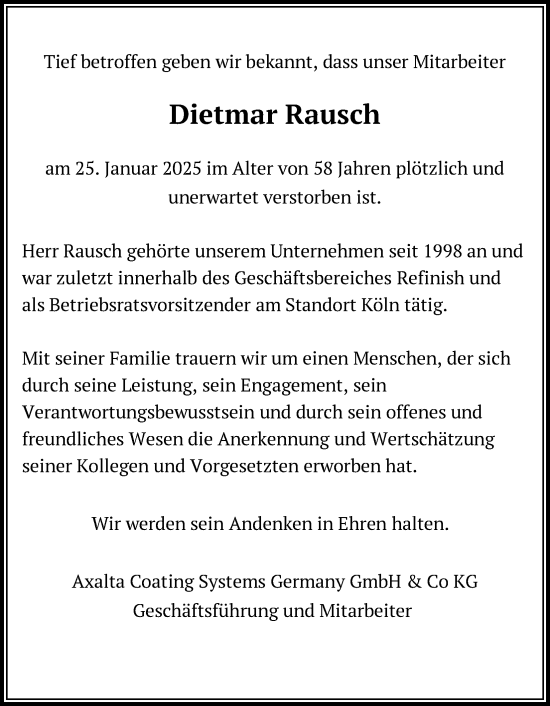 Anzeige von Dietmar Rausch von Kölner Stadt-Anzeiger / Kölnische Rundschau / Express