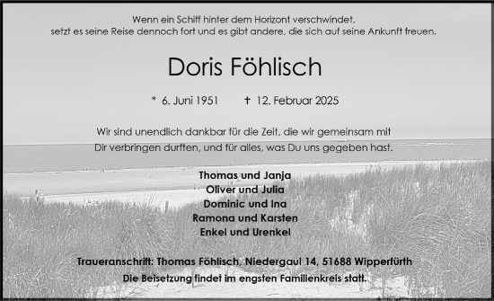 Anzeige von Doris Föhlisch von  Anzeigen Echo 