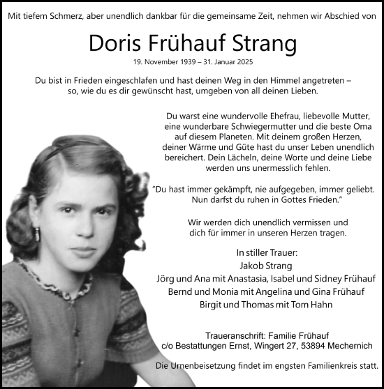 Anzeige von Doris Frühauf Strang von  Blickpunkt Euskirchen 