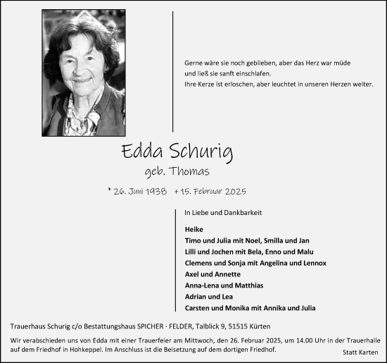 Anzeige von Edda Schurig von Kölner Stadt-Anzeiger / Kölnische Rundschau / Express