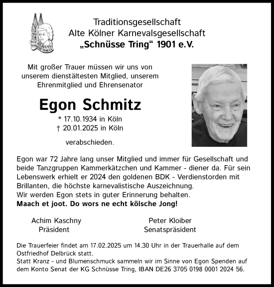Anzeige von Egon Schmitz von Kölner Stadt-Anzeiger / Kölnische Rundschau / Express