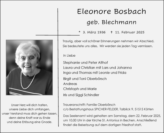 Anzeige von Eleonore Bosbach von Kölner Stadt-Anzeiger / Kölnische Rundschau / Express