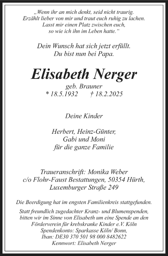 Anzeige von Elisabeth Nerger von  Wochenende 