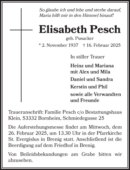 Anzeige von Elisabeth Pesch von  Schaufenster/Blickpunkt 