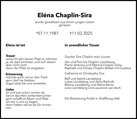 Anzeige von Eléna Chaplin-Sira von Kölner Stadt-Anzeiger / Kölnische Rundschau / Express
