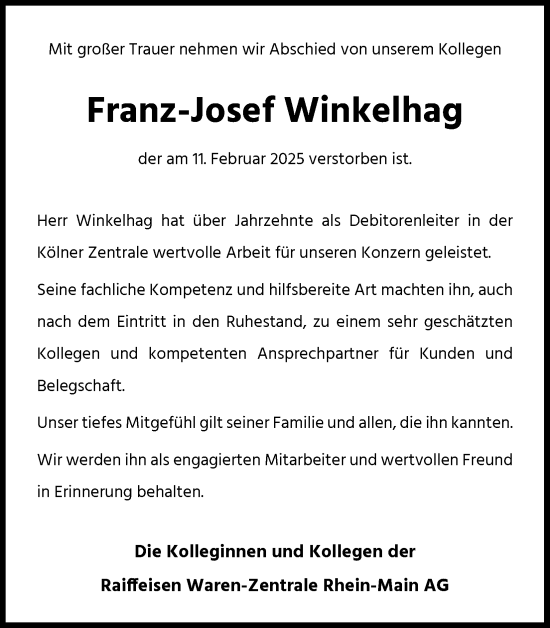 Anzeige von Franz-Josef Winkelhag von Kölner Stadt-Anzeiger / Kölnische Rundschau / Express