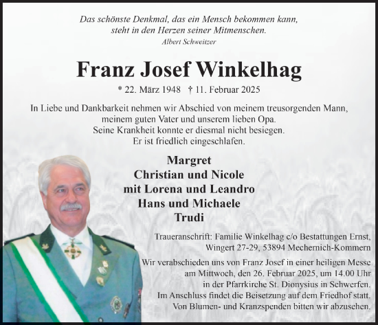 Anzeige von Franz Josef Winkelhag von  Blickpunkt Euskirchen 