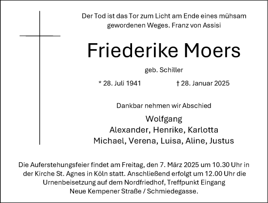Anzeige von Friederike Moers von Kölner Stadt-Anzeiger / Kölnische Rundschau / Express