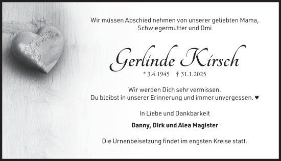 Anzeige von Gerlinde Kirsch von  Schlossbote/Werbekurier 