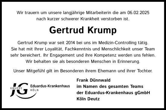 Anzeige von Gertrud Krump von Kölner Stadt-Anzeiger / Kölnische Rundschau / Express