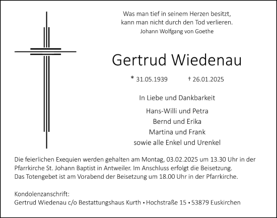 Anzeige von Gertrud Wiedenau von  Blickpunkt Euskirchen 