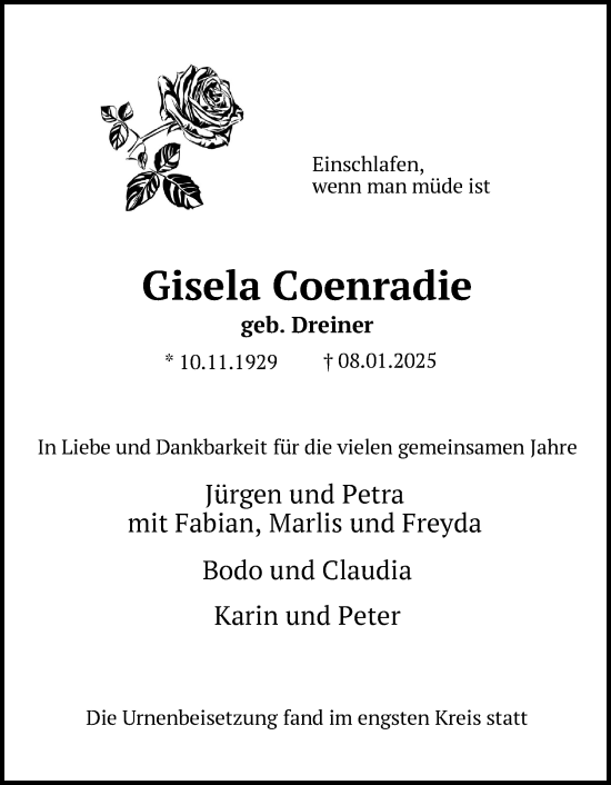 Anzeige von Gisela Coenradie von Kölner Stadt-Anzeiger / Kölnische Rundschau / Express