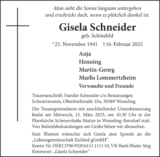 Anzeige von Gisela Schneider von  Schlossbote/Werbekurier 