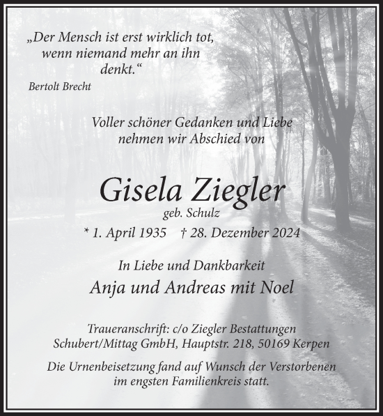 Anzeige von Gisela Ziegler von  Werbepost 