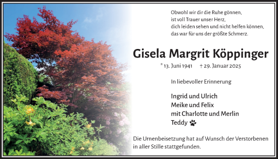 Anzeige von Gisela Margrit Köppinger von  Bergisches Handelsblatt 