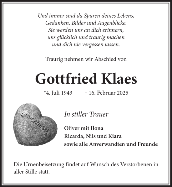Anzeige von Gottfried Klaes von  Wochenende 