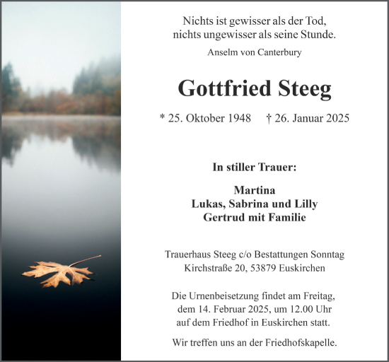 Anzeige von Gottfried Steeg von  Blickpunkt Euskirchen 