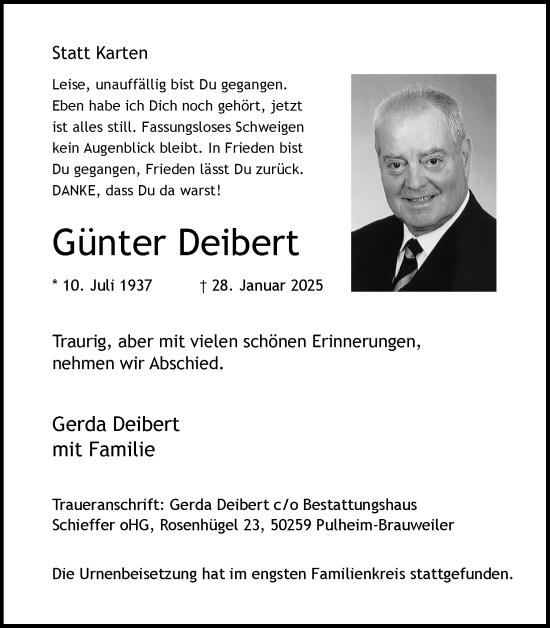 Anzeige von Günter Deibert von Kölner Stadt-Anzeiger / Kölnische Rundschau / Express