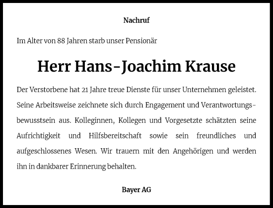 Anzeige von Hans-Joachim Krause von Kölner Stadt-Anzeiger / Kölnische Rundschau / Express