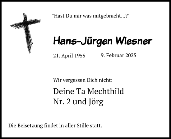 Anzeige von Hans-Jürgen Wiesner von Kölner Stadt-Anzeiger / Kölnische Rundschau / Express