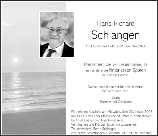 Anzeige von Hans-Richard Schlangen von  Werbepost 