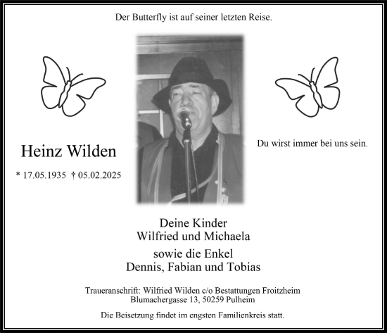 Anzeige von Heinz Wilden von  Wochenende 