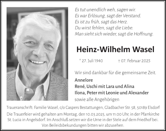 Anzeige von Heinz-Wilhelm Wasel von  Werbepost 