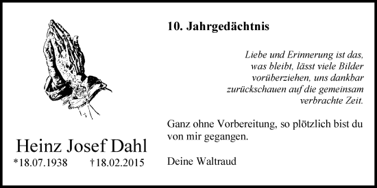 Anzeige von Heinz Josef Dahl von Kölner Stadt-Anzeiger / Kölnische Rundschau / Express