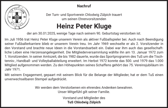 Anzeige von Heinz Peter Kluge von  Blickpunkt Euskirchen 